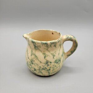 Antique Yellow Ware Spongeware Creamer Green Blue Primitive Kitchenware